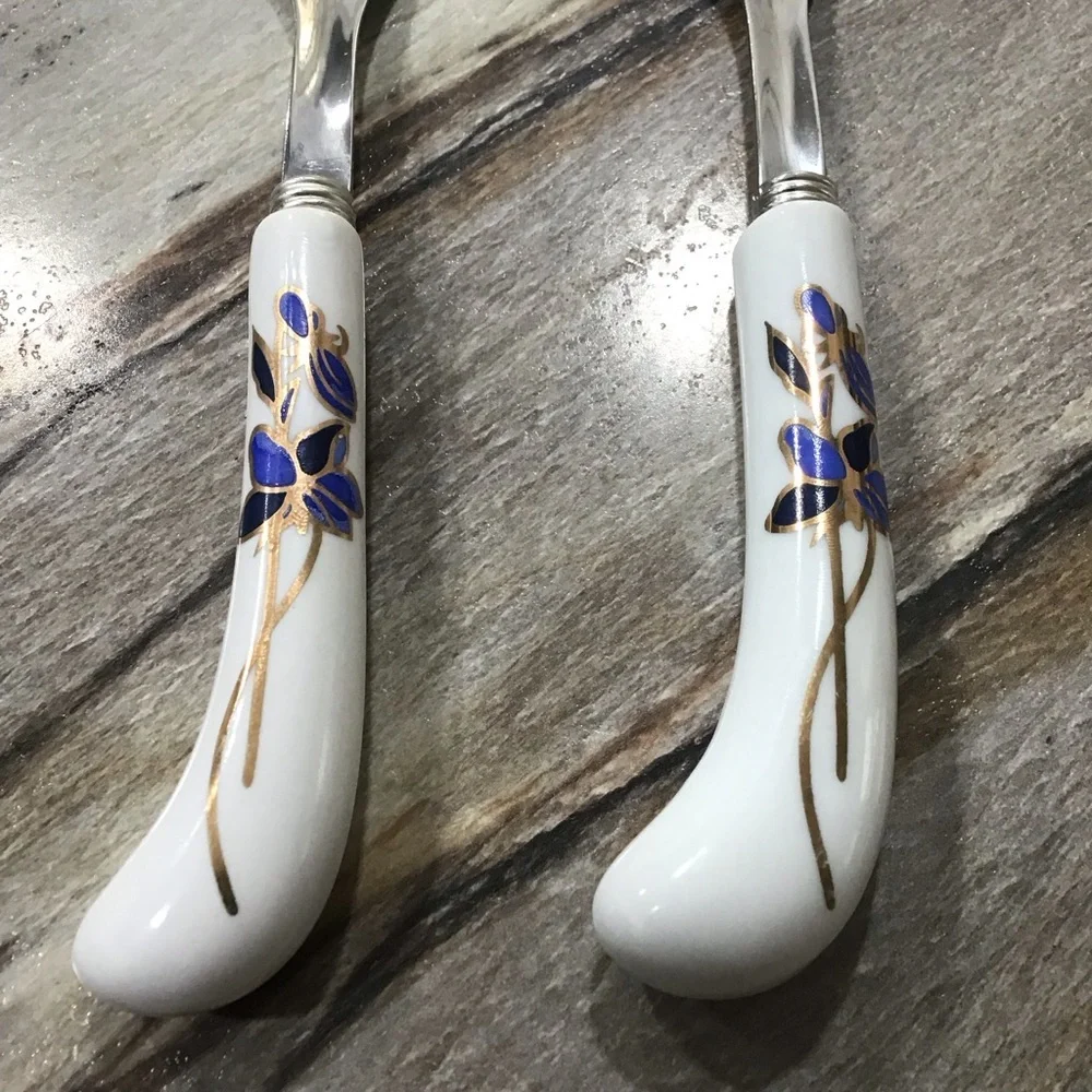 Vintage Salad Serving Set Blue Floral Porcelain Handle Spoon & Fork 8.5” Elegant